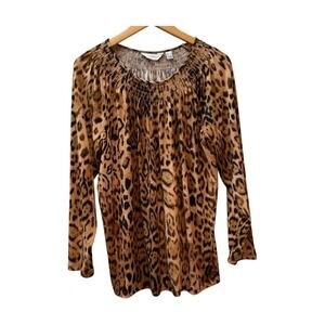 Susan Graver Leopard Print Smocked Neck Long Sleeve Top Women's Size L